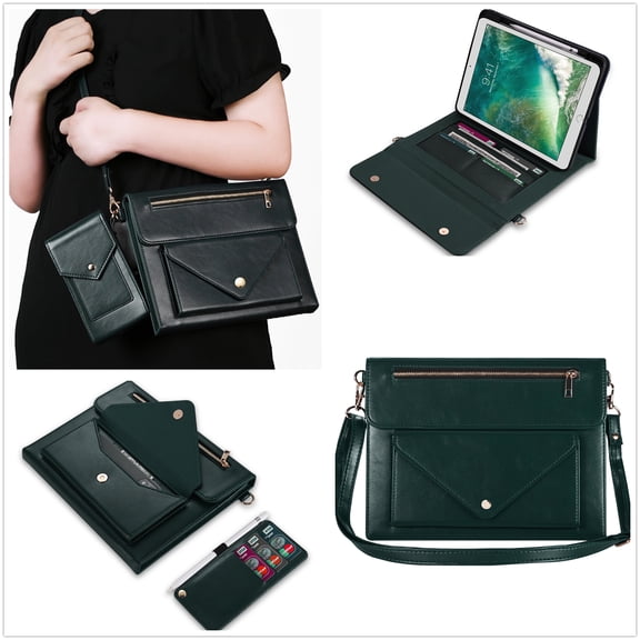 ELEHOLD Leather Bag Case for iPad Pro 12.9" 2022/2021/2020/2018 with Card Slots Zipper Storage Pencil Holder Kickstand Function Crossbody Shoulder Strap Handstrap Phone Bag Business Bag Case,Green