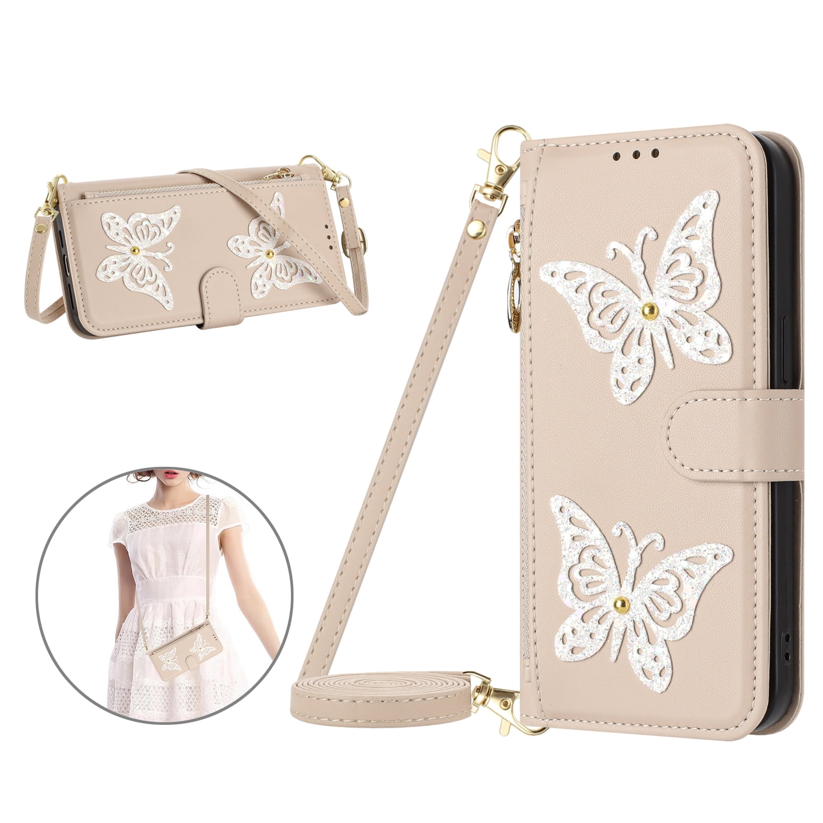 ELEHOLD Leather Bling Glitter Butterfly Shockproof Flip Kickstand ...