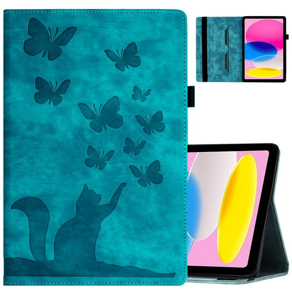 ELEHOLD Leather Case for Amazon Fire HD 10 (11th Generation) Flip Folio Case with Butterflies & Cat Pattern Built-in Card Holders Elastic Band Anti-Slip Kickstand Full Protective Shockproof Case,green