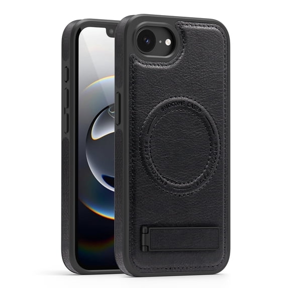 ELEHOLD Leather Case For iPhone 16e Magnetic Shockproof Cover, Mag Safe Compatibl, with Invisible Magnet Kickstand, Black