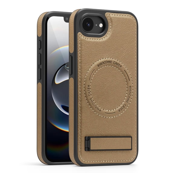 ELEHOLD Leather Case For iPhone 16e Magnetic Shockproof Cover, Mag Safe Compatibl, with Invisible Magnet Kickstand, Desertgold