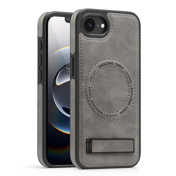 ELEHOLD Leather Case For iPhone 16e Magnetic Shockproof Cover, Mag Safe Compatibl, with Invisible Magnet Kickstand, Gray
