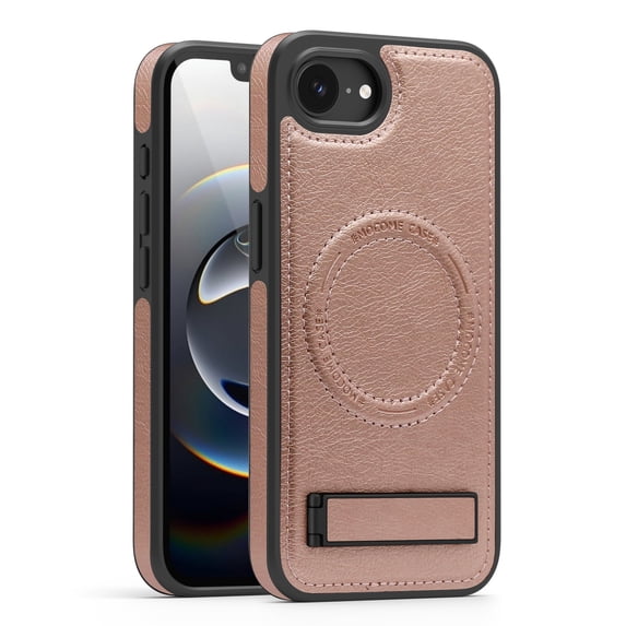 ELEHOLD Leather Case For iPhone 16e Magnetic Shockproof Cover, Mag Safe Compatibl, with Invisible Magnet Kickstand, Rosegold