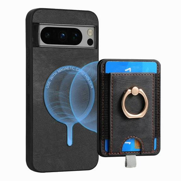ELEHOLD Leather Case for Google Pixel 6 Magnetic Detachable Card Holder Magnetic 2 in 1 Wallet Case with Ring Holder Kickstand Compatible with Mag Safe Shockproof Cover,black