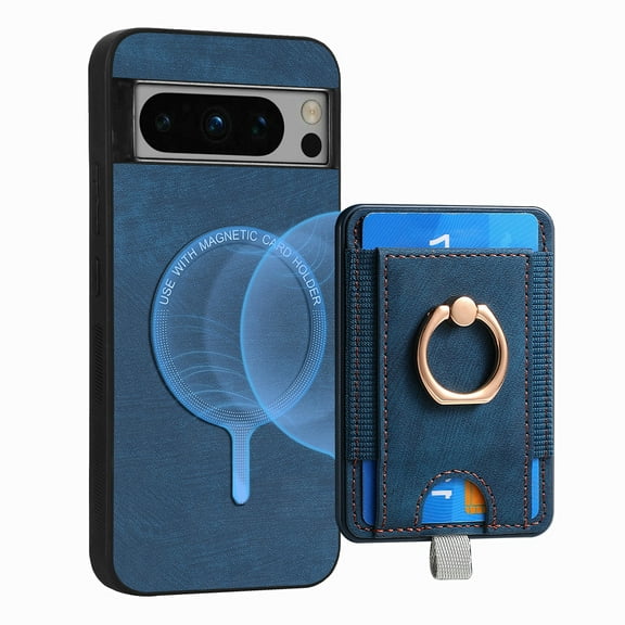 ELEHOLD Leather Case for Google Pixel 6a Magnetic Detachable Card Holder Magnetic 2 in 1 Wallet Case with Ring Holder Kickstand Compatible with Mag Safe Shockproof Cover,blue