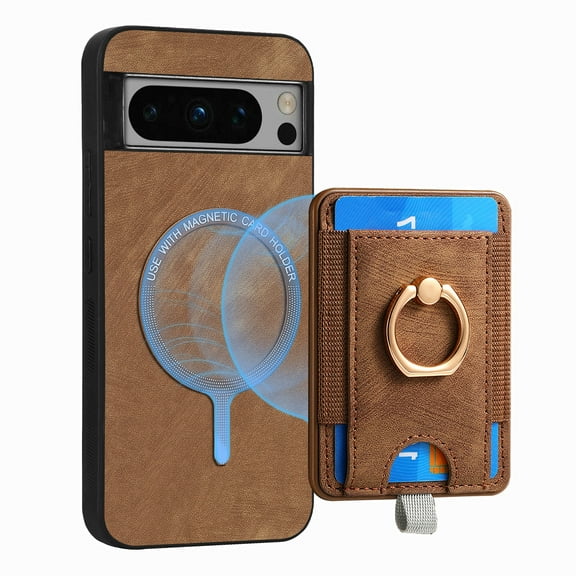 ELEHOLD Leather Case for Google Pixel 8 Magnetic Detachable Card Holder Magnetic 2 in 1 Wallet Case with Ring Holder Kickstand Compatible with Mag Safe Shockproof Cover,brown