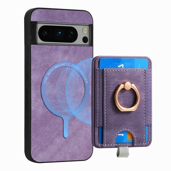 ELEHOLD Leather Case for Google Pixel 8 Pro Magnetic Detachable Card Holder Magnetic 2 in 1 Wallet Case with Ring Holder Kickstand Compatible with Mag Safe Shockproof Cover,purple