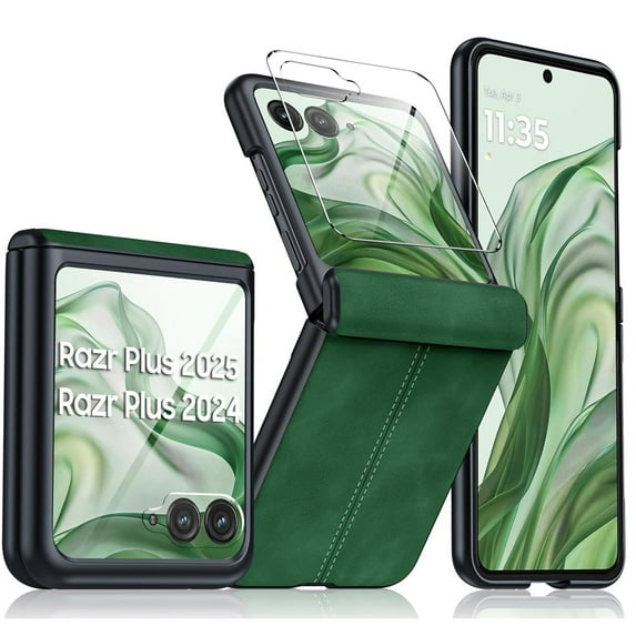 ELEHOLD Leather Case for Motorola Razr 2025/2024, Shockproof PU Leather Hinge Protection Cover Flip Full Body Foldable Phone Cover Built-in Front Protective Screen Protector, Green