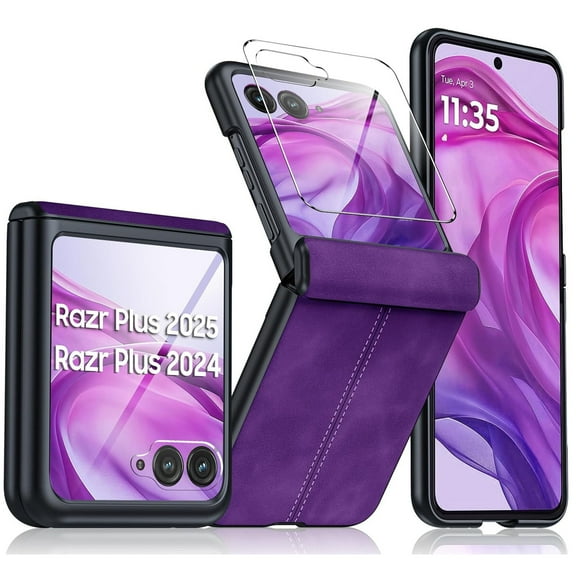 ELEHOLD Leather Case for Motorola Razr+ 2025/2024, Shockproof PU Leather Hinge Protection Cover Flip Full Body Foldable Phone Cover Built-in Front Protective Screen Protector, Purple