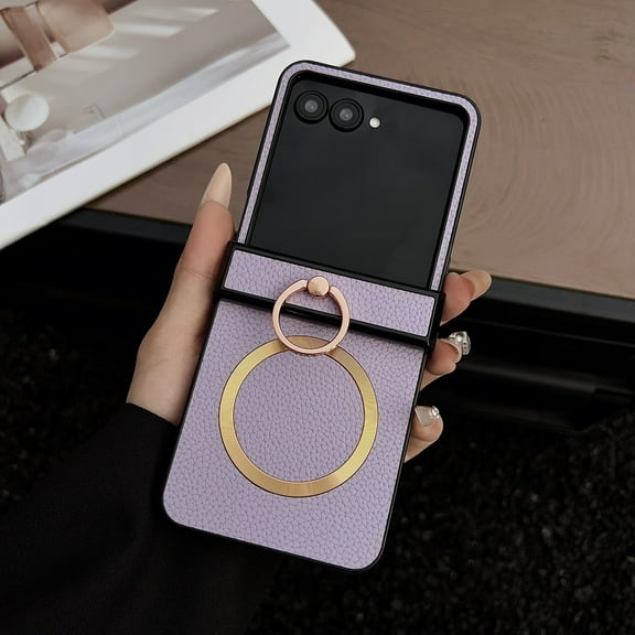 ELEHOLD Leather Case for Motorola Razr+ 2025/Razr+ 2024,Lychee Texture Case Hinge Protection with Ring Holder Stand Compatible with Magnetic Mag Safe Slim Case,Purple