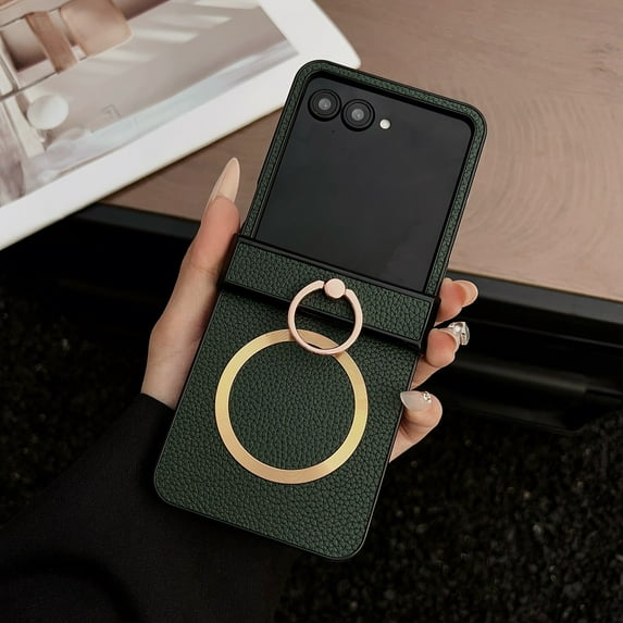 ELEHOLD Leather Case for Motorola Razr Ultra 2025 / Razr 60 Ultra,Lychee Texture Case Hinge Protection with Ring Holder Stand Compatible with Magnetic Mag Safe Slim Case,Green