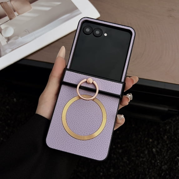 ELEHOLD Leather Case for Motorola Razr Ultra 2025 / Razr 60 Ultra,Lychee Texture Case Hinge Protection with Ring Holder Stand Compatible with Magnetic Mag Safe Slim Case,Purple