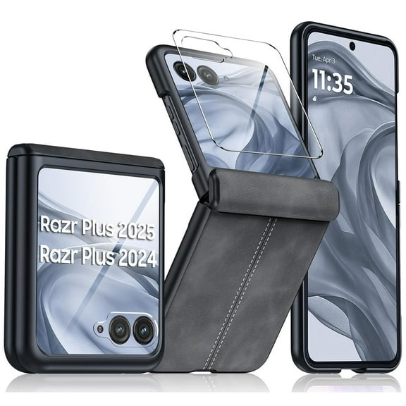 ELEHOLD Leather Case for Motorola Razr Ultra 2025/Razr 60 Ultra, Shockproof PU Leather Hinge Protection Cover Flip Full Body Foldable Phone Cover Built-in Front Protective Screen Protector, Black