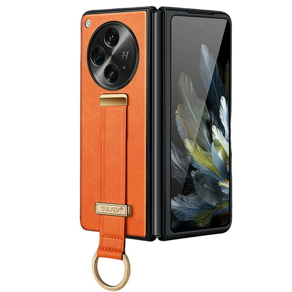 ELEHOLD Leather Case for OnePlus Open,Premium PU Leather Slim Lightweight Protective with Ring Holder Retractable Wristband Anti-Slip Shockproof Case for OnePlus Open,Orange