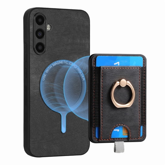 ELEHOLD Leather Case for Samsung Galaxy A04E Magnetic Detachable Card Holder Magnetic 2 in 1 Wallet Case with Ring Holder Kickstand Compatible with Mag Safe Shockproof Cover,black
