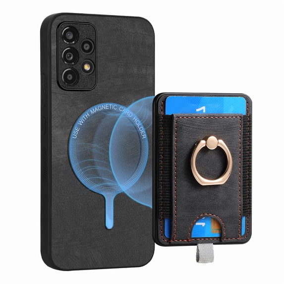 ELEHOLD Leather Case for Samsung Galaxy A23 4G Magnetic Detachable Card Holder Magnetic 2 in 1 Wallet Case with Ring Holder Kickstand Compatible with Mag Safe Shockproof Cover,black
