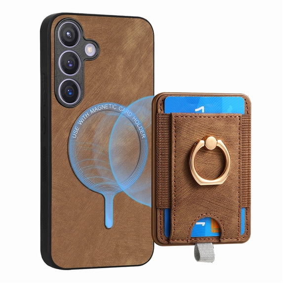 ELEHOLD Leather Case for Samsung Galaxy S21 FE Magnetic Detachable Card Holder Magnetic 2 in 1 Wallet Case with Ring Holder Kickstand Compatible with Mag Safe Shockproof Cover,brown
