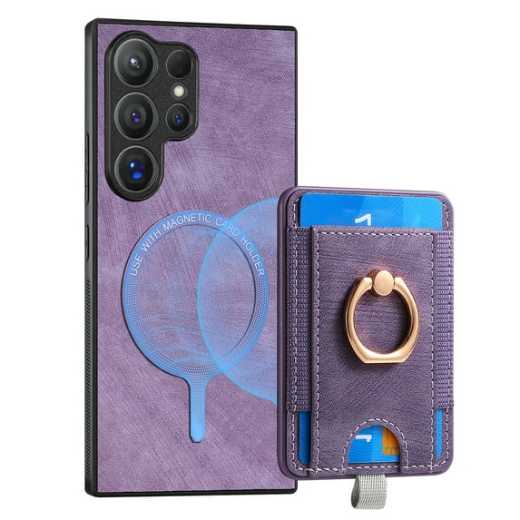 ELEHOLD Leather Case for Samsung Galaxy S21 Ultra Magnetic Detachable Card Holder Magnetic 2 in 1 Wallet Case with Ring Holder Kickstand Compatible with Mag Safe Shockproof Cover,purple
