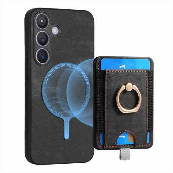 ELEHOLD Leather Case for Samsung Galaxy S22 Magnetic Detachable Card Holder Magnetic 2 in 1 Wallet Case with Ring Holder Kickstand Compatible with Mag Safe Shockproof Cover,black