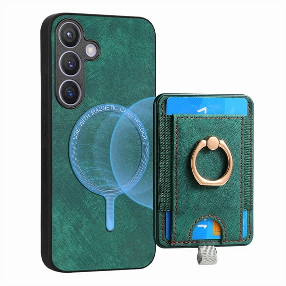 ELEHOLD Leather Case for Samsung Galaxy S22 Magnetic Detachable Card Holder Magnetic 2 in 1 Wallet Case with Ring Holder Kickstand Compatible with Mag Safe Shockproof Cover,green
