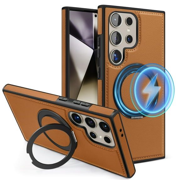 ELEHOLD Leather Case for Samsung Galaxy S22 Plus,Strong Magnetic Compatible with Mag Safe 360 Rotation Ring Kickstand Function Anti-Scratches Protective Case for Samsung Galaxy S22 Plus,Brown