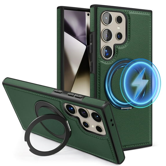 ELEHOLD Leather Case for Samsung Galaxy S22,Strong Magnetic Compatible with Mag Safe 360 Rotation Ring Kickstand Function Anti-Scratches Protective Case for Samsung Galaxy S22,Darkgreen