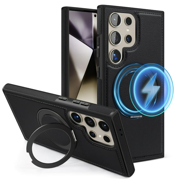 ELEHOLD Leather Case for Samsung Galaxy S22,Strong Magnetic Compatible with Mag Safe 360 Rotation Ring Kickstand Function Anti-Scratches Protective Case for Samsung Galaxy S22,Black