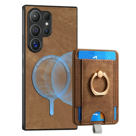 ELEHOLD Leather Case for Samsung Galaxy S22 Ultra Magnetic Detachable Card Holder Magnetic 2 in 1 Wallet Case with Ring Holder Kickstand Compatible with Mag Safe Shockproof Cover,brown
