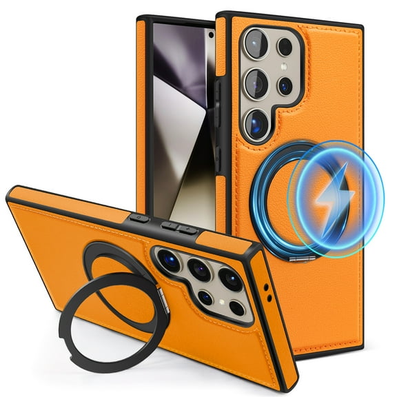ELEHOLD Leather Case for Samsung Galaxy S22 Ultra,Strong Magnetic Compatible with Mag Safe 360 Rotation Ring Kickstand Function Anti-Scratches Protective Case for Samsung Galaxy S22 Ultra,Orange