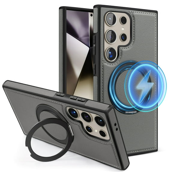 ELEHOLD Leather Case for Samsung Galaxy S22 Ultra,Strong Magnetic Compatible with Mag Safe 360 Rotation Ring Kickstand Function Anti-Scratches Protective Case for Samsung Galaxy S22 Ultra,Gray