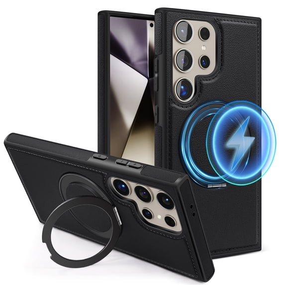 ELEHOLD Leather Case for Samsung Galaxy S23 Plus,Strong Magnetic Compatible with Mag Safe 360 Rotation Ring Kickstand Function Anti-Scratches Protective Case for Samsung Galaxy S23 Plus,Black