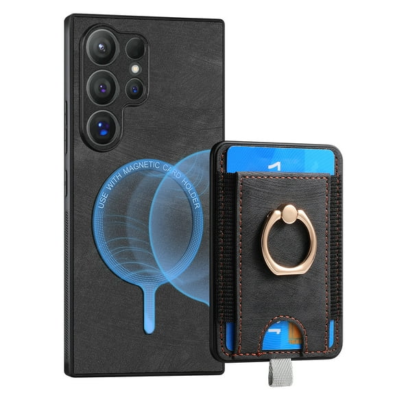 ELEHOLD Leather Case for Samsung Galaxy S23 Ultra Magnetic Detachable Card Holder Magnetic 2 in 1 Wallet Case with Ring Holder Kickstand Compatible with Mag Safe Shockproof Cover,black