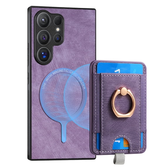 ELEHOLD Leather Case for Samsung Galaxy S23 Ultra Magnetic Detachable Card Holder Magnetic 2 in 1 Wallet Case with Ring Holder Kickstand Compatible with Mag Safe Shockproof Cover,purple