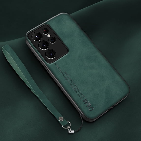 ELEHOLD Leather Case for Samsung Galaxy S23 Ultra, Skin-Friendly Premium Leather Lens Protection with Wrist Strap Compatible with Magnetic Car Mount Shockproof Case,Darkgreen