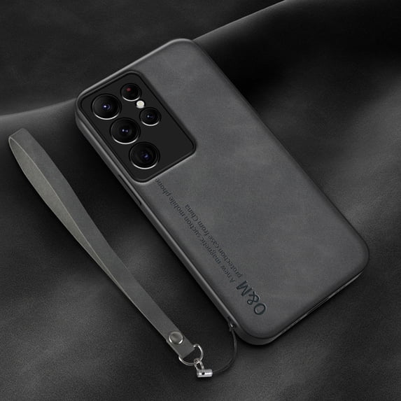 ELEHOLD Leather Case for Samsung Galaxy S23 Ultra, Skin-Friendly Premium Leather Lens Protection with Wrist Strap Compatible with Magnetic Car Mount Shockproof Case,Darkgray