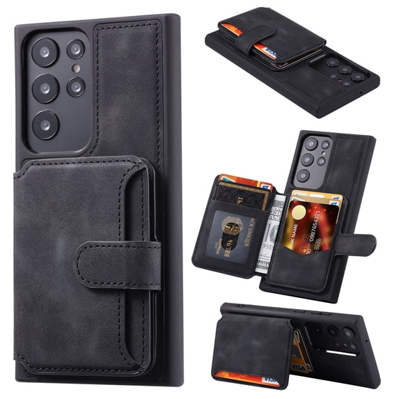 ELEHOLD Leather Case for Samsung Galaxy S23 Ultra Wallet Card Holders Magnetic Clasp Stand Function Full Body Shockproof Protection for Samsung S23 Ultra 6.8 inch, Black