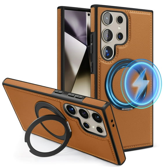 ELEHOLD Leather Case for Samsung Galaxy S24,Strong Magnetic Compatible with Mag Safe 360 Rotation Ring Kickstand Function Anti-Scratches Protective Case for Samsung Galaxy S24,Brown