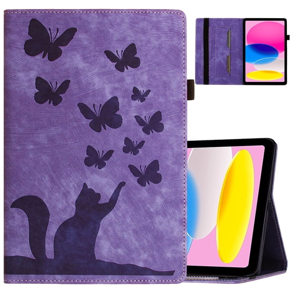 ELEHOLD Leather Case for Samsung Galaxy Tab S6 Lite 10.4" (2019) Flip Case with Butterflies & Cat Pattern Built-in Card Holders Elastic Band Anti-Slip Kickstand Full Protective Shockproof Case,purple