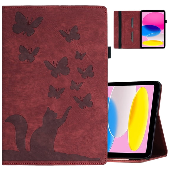 ELEHOLD Leather Case for Samsung Galaxy Tab S6 Lite 10.4" (2019) Flip Case with Butterflies & Cat Pattern Built-in Card Holders Elastic Band Anti-Slip Kickstand Full Protective Shockproof Case,winered