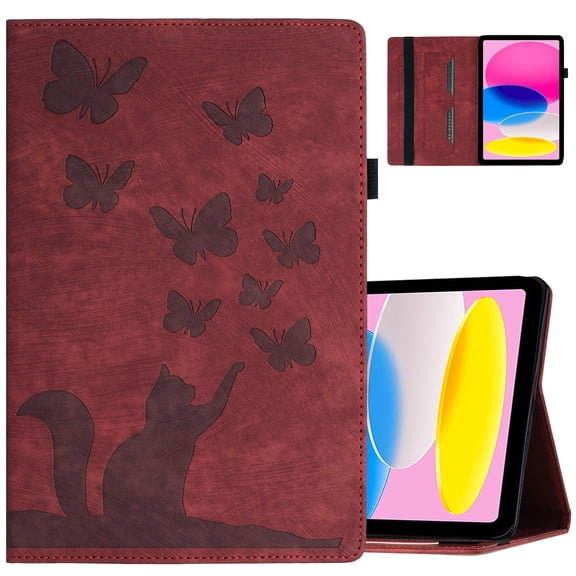 ELEHOLD Leather Case for Samsung Galaxy Tab S6 Lite 10.4" (2019) Flip Case with Butterflies & Cat Pattern Built-in Card Holders Elastic Band Anti-Slip Kickstand Full Protective Shockproof Case,winered