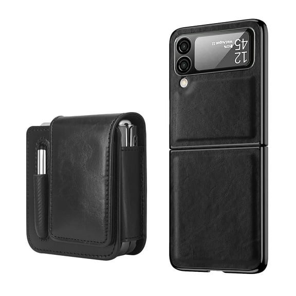 ELEHOLD Leather Case for Samsung Galaxy Z Flip 4, with Tempered Glass Lens Protector 360° Rotating Belt Clip Holster Pen Slot Full Body Protective Case for Samsung Galaxy Z Flip 4,Black