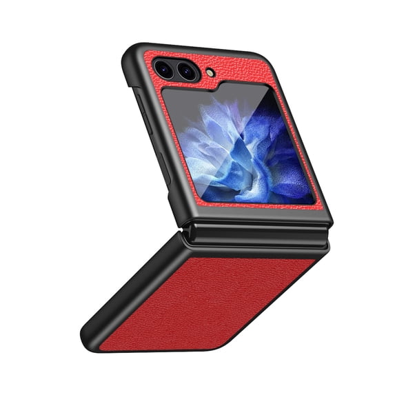 ELEHOLD Leather Case for Samsung Galaxy Z Flip 5 2023,Lychee Texture Leather Full Body Protective Hybrid Shockproof Slim Lightweight All-inclusive Protecition Cover for Samsung Z Flip 5, Red