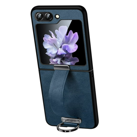 ELEHOLD Leather Case for Samsung Galaxy Z Flip 5,Premium PU Leather Case with Ring Holder Non-Slip Wristband Shockproof Case for Samsung Z Flip5 2023, Darkblue