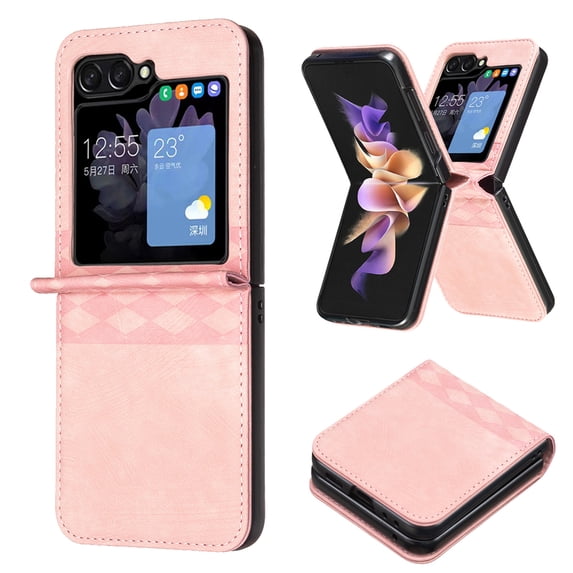 ELEHOLD Leather Case for Samsung Galaxy Z Flip5 2023,Shockproof Premium PU Leather Emboosed Pattern Slim Lightweight Anti-Scratch Case Cover for Samsung Z Flip5 5G,Pink