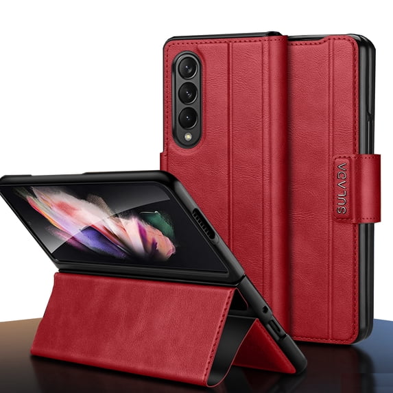 ELEHOLD Leather Case for Samsung Galaxy Z Fold 3 Premium PU Leather Case Full Body All-Inclusive Protection Flip Case Magnetic Closure Shockproof Cover for Samsung Z Fold 3 for Men Women,Red