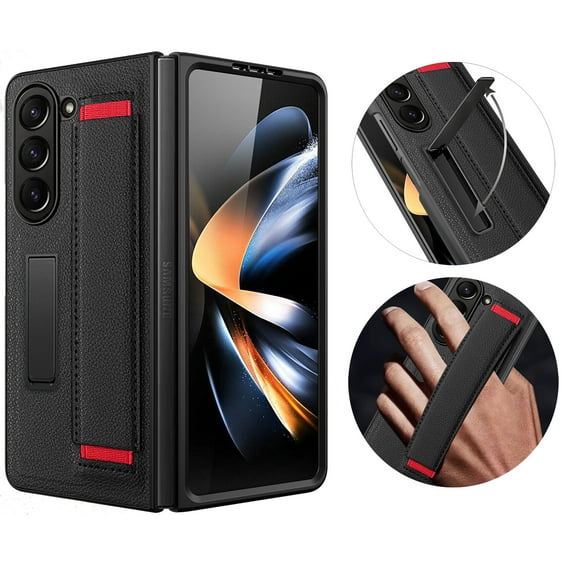 ELEHOLD Leather Case for Samsung Galaxy Z Fold 5, Premium PU Leather Built-in Screen Protector Invisible Kickstand Non-Slip Wristband Shockproof Back Case for Samsung Galaxy Z Fold 5, Blackred