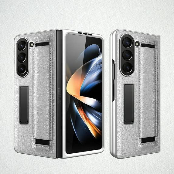 ELEHOLD Leather Case for Samsung Galaxy Z Fold 5, Premium PU Leather Built-in Screen Protector Invisible Kickstand Non-Slip Wristband Shockproof Back Case for Samsung Galaxy Z Fold 5, Silver