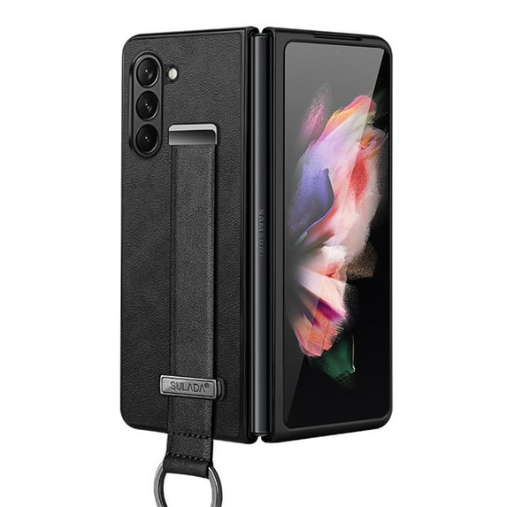 ELEHOLD Leather Case for Samsung Galaxy Z Fold 5,Premium PU Leather Full Body Protective with Ring Holder Wristband Shockproof Case for Samsung Z Fold5,Black
