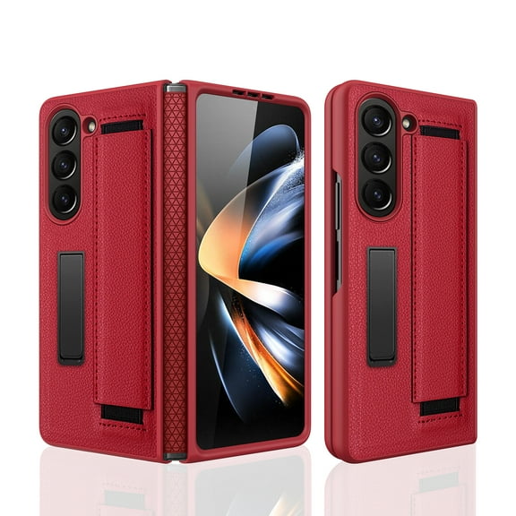 ELEHOLD Leather Case for Samsung Galaxy Z Fold 5,with Built-in Screen Protector Hinge Protection Hidden Kickstand Non-Slip Wristband Shockproof Full Body Case for Samsung Z Fold 5,Red