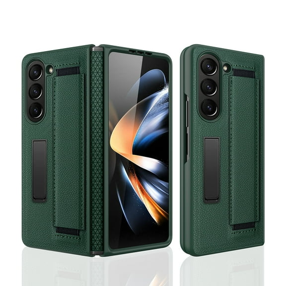 ELEHOLD Leather Case for Samsung Galaxy Z Fold 5,with Built-in Screen Protector Hinge Protection Hidden Kickstand Non-Slip Wristband Shockproof Full Body Case for Samsung Z Fold 5,Green